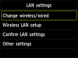 LAN settings screen: Select Change wireless/wired